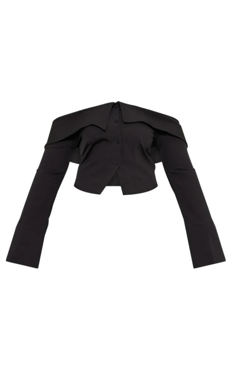 Best PrettyLittleThing Plus Textured Woven Fold Over Detail Long Sleeve Top Black