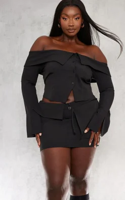 Best PrettyLittleThing Plus Textured Woven Fold Over Waist Micro Mini Skirt Black