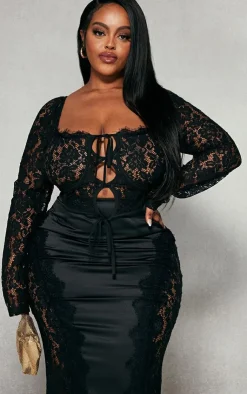 Clearance PrettyLittleThing Plus Tie Front Lace Corset Top Black
