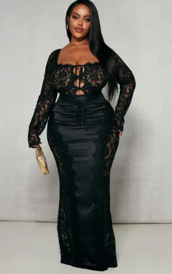 Clearance PrettyLittleThing Plus Tie Front Lace Corset Top Black