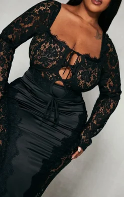 Clearance PrettyLittleThing Plus Tie Front Lace Corset Top Black