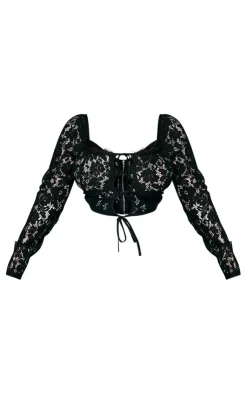 Clearance PrettyLittleThing Plus Tie Front Lace Corset Top Black