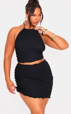 PrettyLittleThing Plus Tiered Ruched Halter Neck Top Black