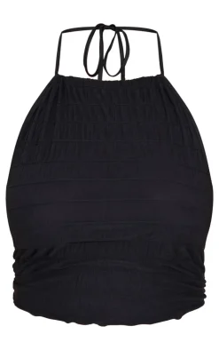 PrettyLittleThing Plus Tiered Ruched Halter Neck Top Black