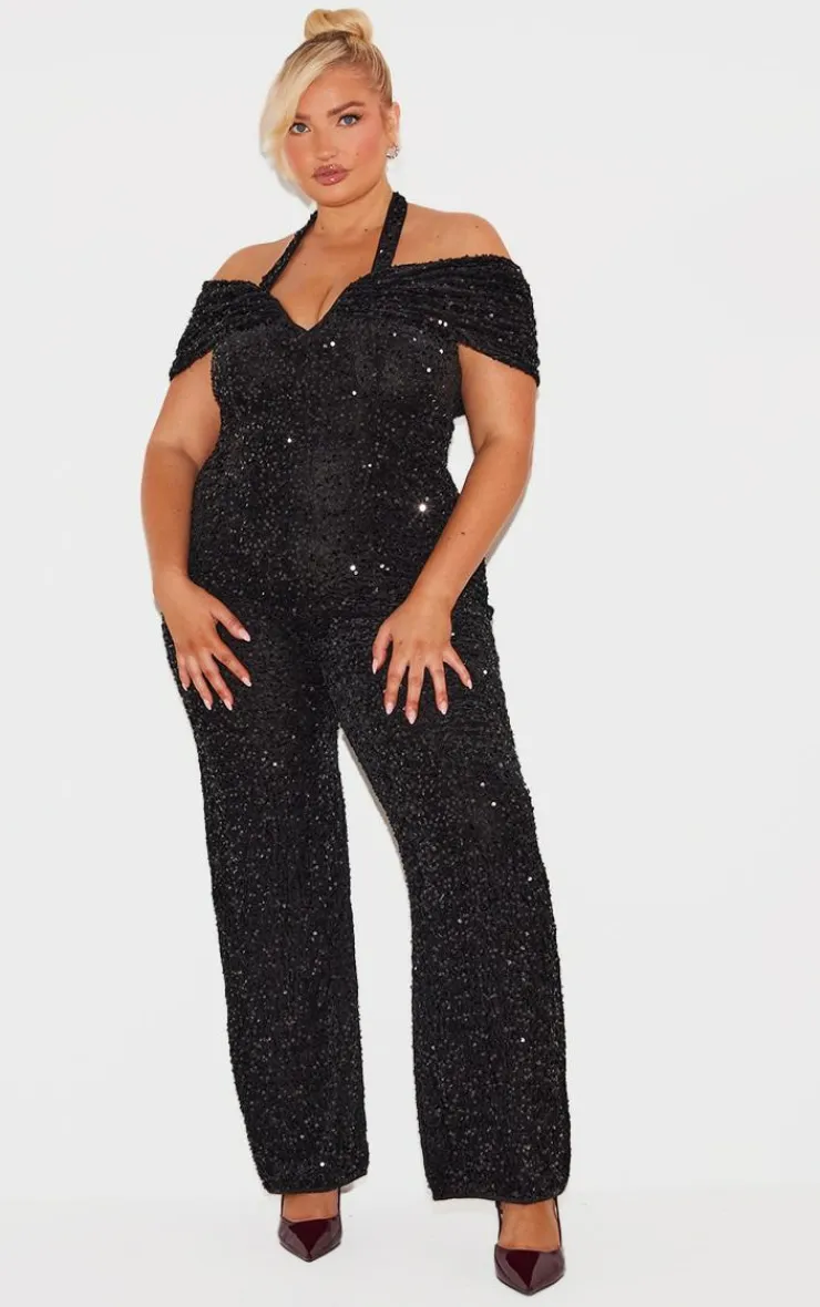 Plus Velour Sequined Bardot Halter Neck Strap Jumpsuit-PrettyLittleThing Sale