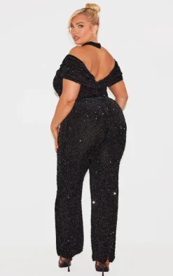 Plus Velour Sequined Bardot Halter Neck Strap Jumpsuit-PrettyLittleThing Sale