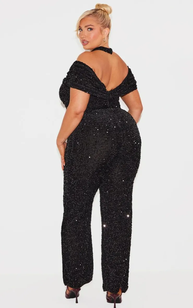 Plus Velour Sequined Bardot Halter Neck Strap Jumpsuit-PrettyLittleThing Sale