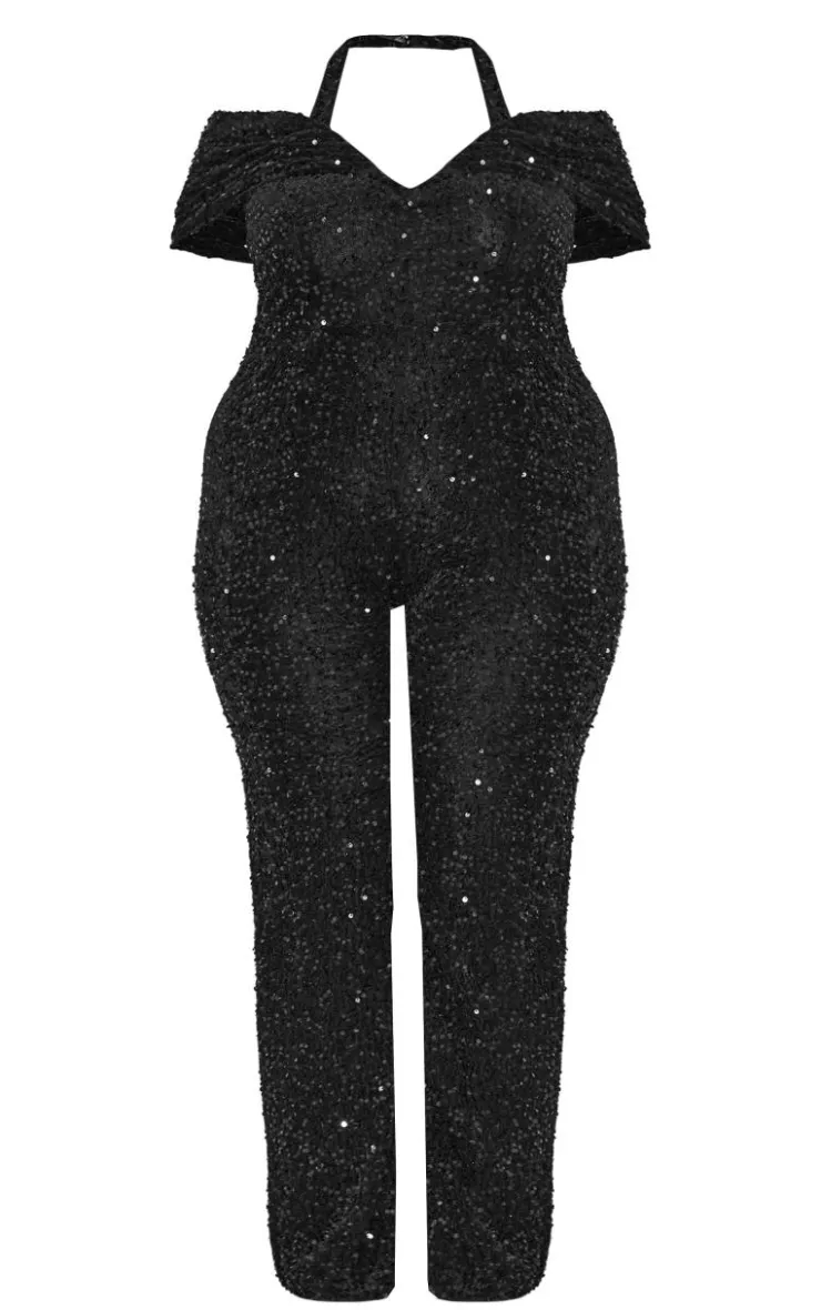 Plus Velour Sequined Bardot Halter Neck Strap Jumpsuit-PrettyLittleThing Sale