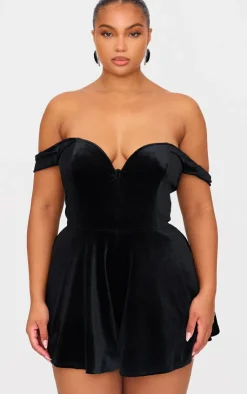 Plus Velvet Bardot Sweetheart Neckline Floaty Romper-PrettyLittleThing Online