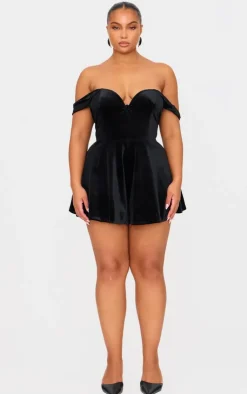 Plus Velvet Bardot Sweetheart Neckline Floaty Romper-PrettyLittleThing Online