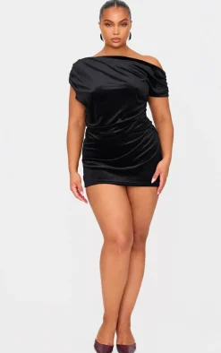 Sale PrettyLittleThing Plus Velvet Drape Detail Top Black