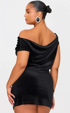 Sale PrettyLittleThing Plus Velvet Drape Detail Top Black