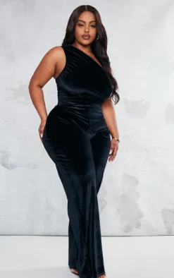 Plus Velvet One Shoulder Wide Leg Jumpsuit-PrettyLittleThing Online