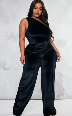 Plus Velvet One Shoulder Wide Leg Jumpsuit-PrettyLittleThing Online