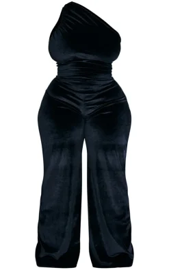 Plus Velvet One Shoulder Wide Leg Jumpsuit-PrettyLittleThing Online