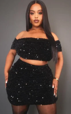 Sale PrettyLittleThing Plus Velvet Sequin Bardot Top Black