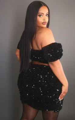 Sale PrettyLittleThing Plus Velvet Sequin Bardot Top Black