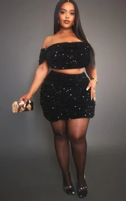 Sale PrettyLittleThing Plus Velvet Sequin Bardot Top Black