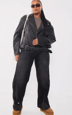 PrettyLittleThing Faux Leather Jackets*Plus Vintage Faux Leather Oversized Zip Up Biker Jacket