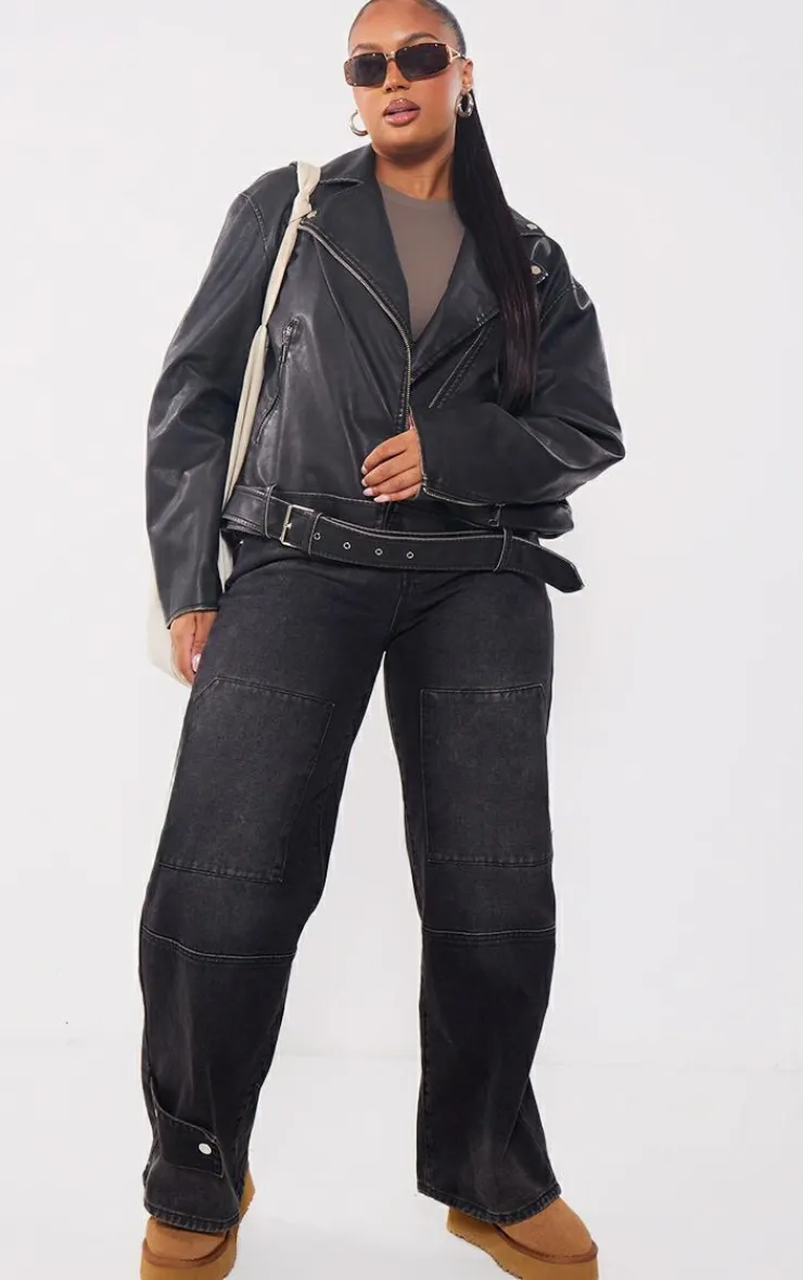PrettyLittleThing Faux Leather Jackets*Plus Vintage Faux Leather Oversized Zip Up Biker Jacket