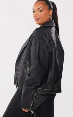 PrettyLittleThing Faux Leather Jackets*Plus Vintage Faux Leather Oversized Zip Up Biker Jacket