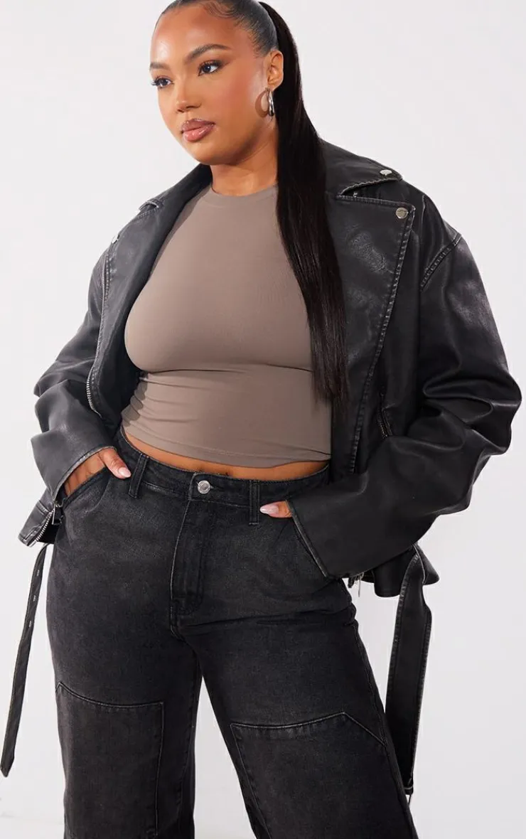 PrettyLittleThing Faux Leather Jackets*Plus Vintage Faux Leather Oversized Zip Up Biker Jacket