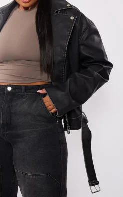 PrettyLittleThing Faux Leather Jackets*Plus Vintage Faux Leather Oversized Zip Up Biker Jacket