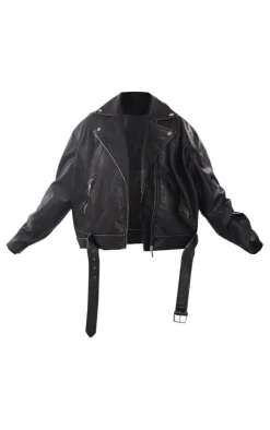 PrettyLittleThing Faux Leather Jackets*Plus Vintage Faux Leather Oversized Zip Up Biker Jacket