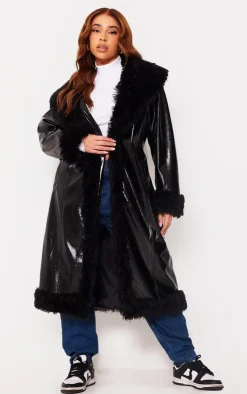 PrettyLittleThing Faux Fur Coats*Plus Vinyl Faux Fur Detail Maxi Coat