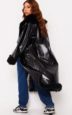 PrettyLittleThing Faux Fur Coats*Plus Vinyl Faux Fur Detail Maxi Coat