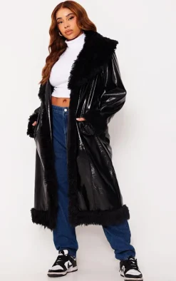 PrettyLittleThing Faux Fur Coats*Plus Vinyl Faux Fur Detail Maxi Coat