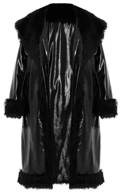 PrettyLittleThing Faux Fur Coats*Plus Vinyl Faux Fur Detail Maxi Coat