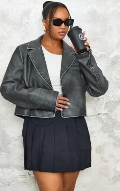 PrettyLittleThing Faux Leather Jackets*Plus Washed Faux Leather Cropped Blazer Jacket