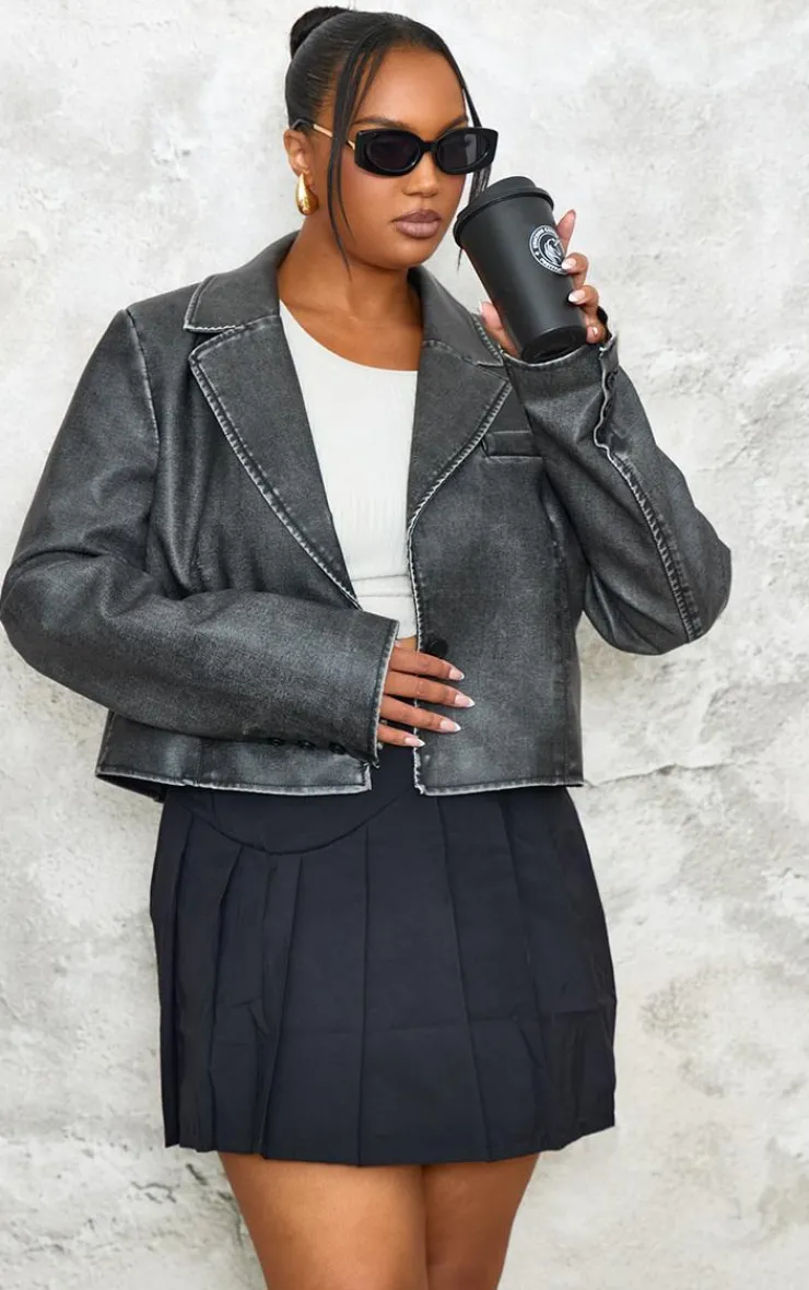 PrettyLittleThing Faux Leather Jackets*Plus Washed Faux Leather Cropped Blazer Jacket