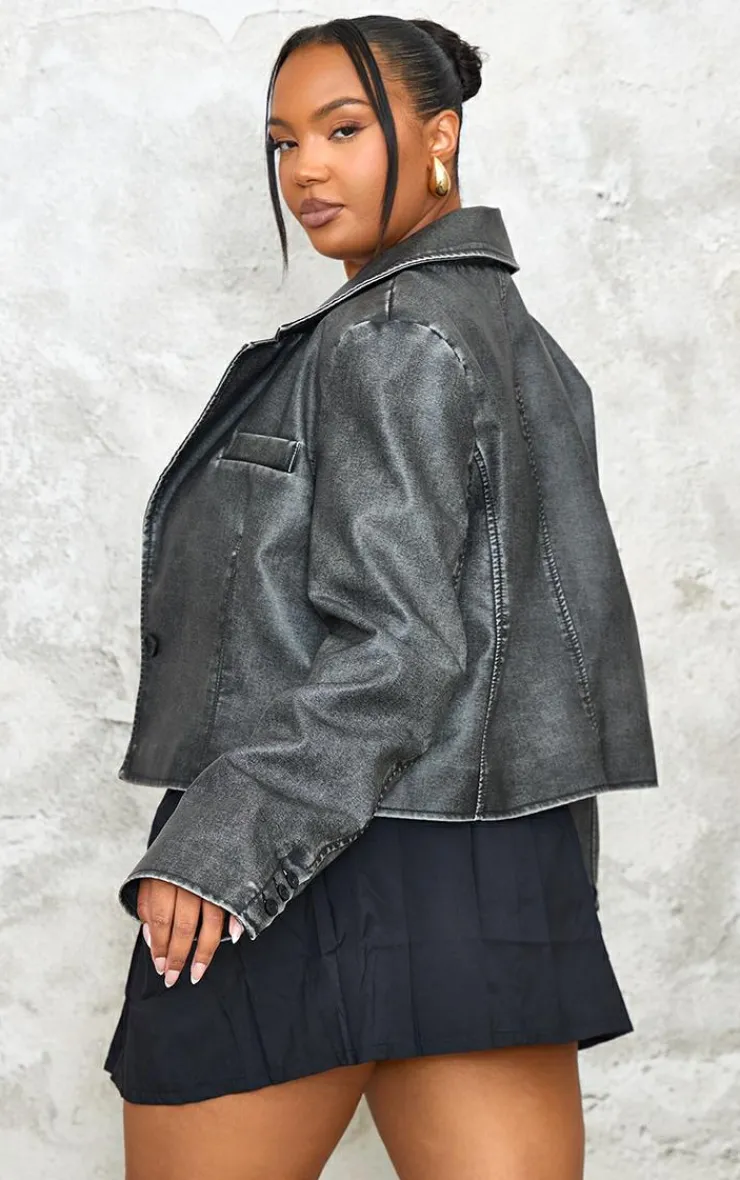 PrettyLittleThing Faux Leather Jackets*Plus Washed Faux Leather Cropped Blazer Jacket