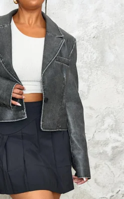 PrettyLittleThing Faux Leather Jackets*Plus Washed Faux Leather Cropped Blazer Jacket
