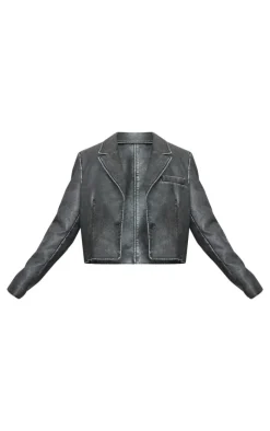 PrettyLittleThing Faux Leather Jackets*Plus Washed Faux Leather Cropped Blazer Jacket
