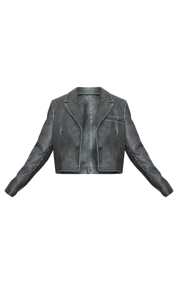 PrettyLittleThing Faux Leather Jackets*Plus Washed Faux Leather Cropped Blazer Jacket
