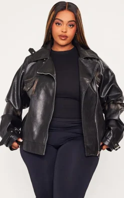 PrettyLittleThing Faux Leather Jackets*Plus Worn Faux Leather Oversized Biker Jacket