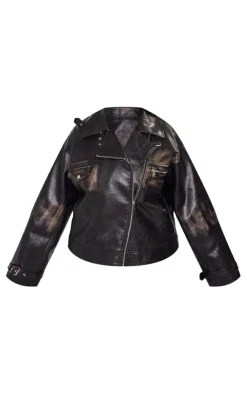 PrettyLittleThing Faux Leather Jackets*Plus Worn Faux Leather Oversized Biker Jacket