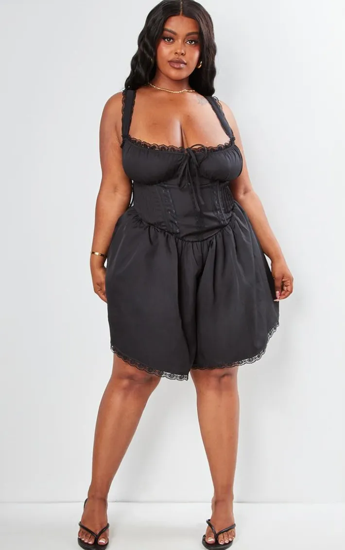 Plus Black Woven Lace Detail Strappy Romper