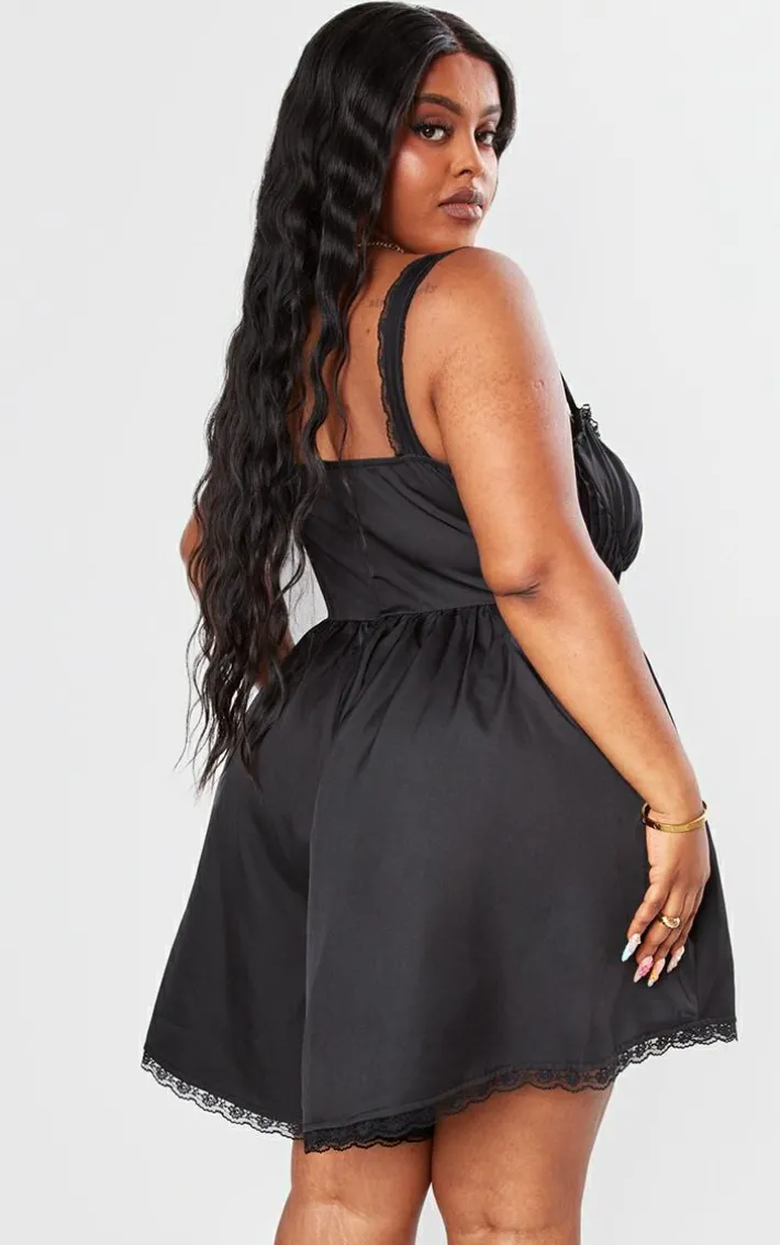Plus Black Woven Lace Detail Strappy Romper