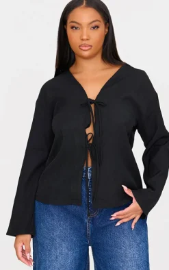 PrettyLittleThing Shirts*Plus Woven Tie Front Flared Sleeve Shirt
