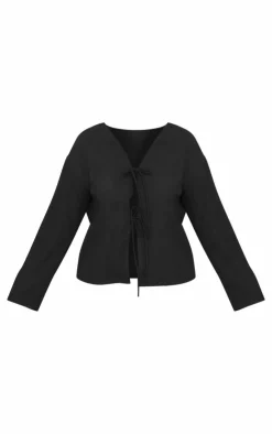 PrettyLittleThing Shirts*Plus Woven Tie Front Flared Sleeve Shirt