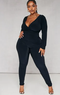 Plus Wrap Front Long Sleeve Catsuit-PrettyLittleThing Clearance