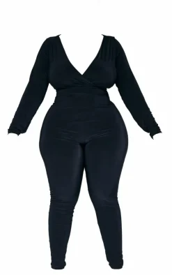 Plus Wrap Front Long Sleeve Catsuit-PrettyLittleThing Clearance