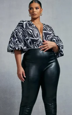 Plus Black Zebra Swirl Puffball Sleeve Bodysuit