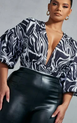 Plus Black Zebra Swirl Puffball Sleeve Bodysuit