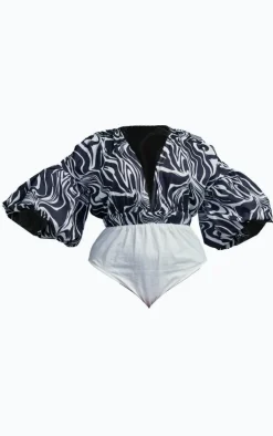 Plus Black Zebra Swirl Puffball Sleeve Bodysuit