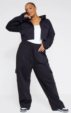 Outlet PrettyLittleThing Plus Zip Up Cargo Crop Hoodie Black